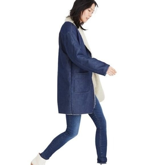 MADEWELL Size Small Sherpa-Bonded Denim Cocoon Coat Mid-Length Front Pockets - Picture 4 of 10